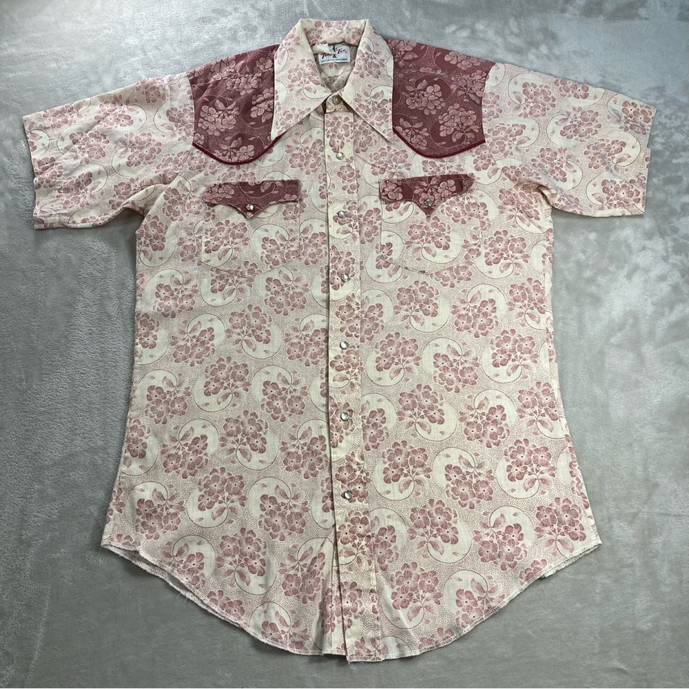 Vintage Tem Tex Floral Rockabilly Western Flair Pearl Snap Button Shirt USA Made